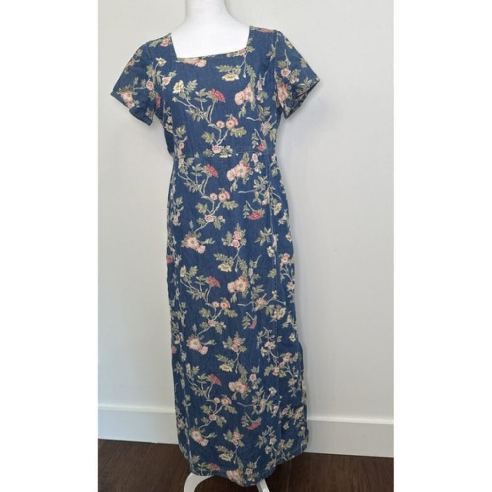 Vintage 90s Liz‎ Claiborne Floral Denim Wrap Dress 8 Maxi Farmhouse Cottagecore